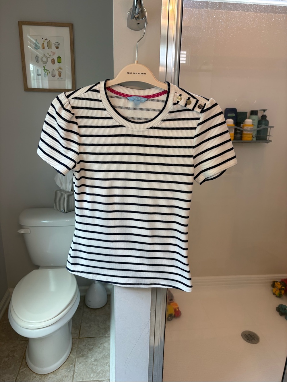 Draper James Women's S Striped Ribbed Puff Sleeve Tee Gold Button Navy White